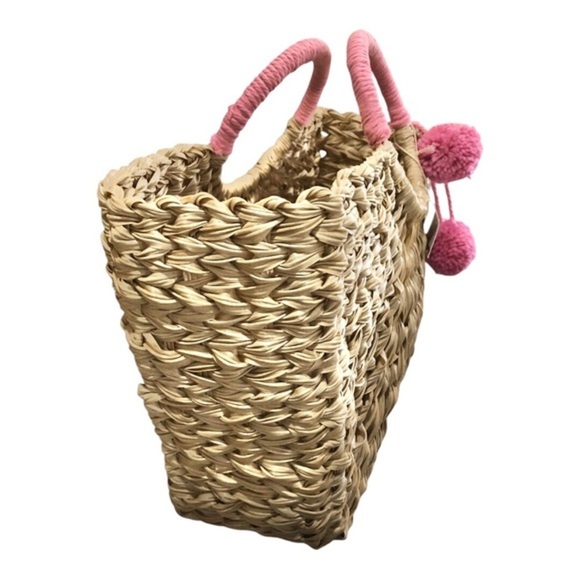 Wicker style straw natural basketweave pink knit pompom oversized beach tote new - Picture 10 of 16